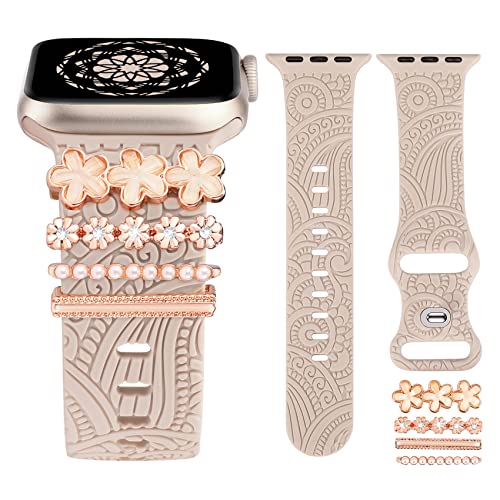 TOYOUTHS Dekorative Ring Armband kompatibel mit Apple Watch Armband Charme 41/40/38/42mm, Damen Glitzer Boho Gravierte Silikon Ersatzarmbänder für iWatch 10/9/8/7/SE/6/5/4/3, Polarstern/Floral von TOYOUTHS