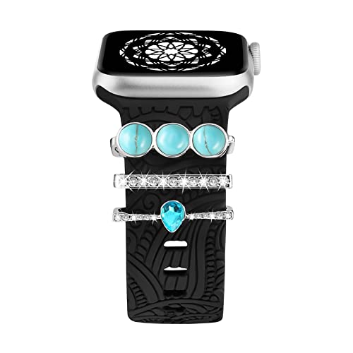 TOYOUTHS Dekorative Ring Armband kompatibel mit Apple Watch Armband Charme 42/44/45/46/49mm, Damen Glitzer Gravierte Silikon Armbänder für iWatch 10/9/8/7/SE/6/5/4/3/Ultra 2, Schwarz/Türkissteine von TOYOUTHS