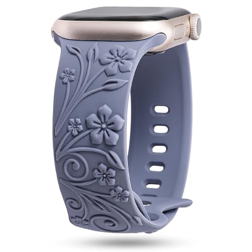 TOYOUTHS Floral Gravierte Armband Kompatibel mit Apple Watch Armband 41mm 40mm 38mm Damen, Frauen Clematis Blume Prägung Silikon Sport Armbänder für iWatch 9/8/7/SE/6/5/4/3/2/1, Blau von TOYOUTHS