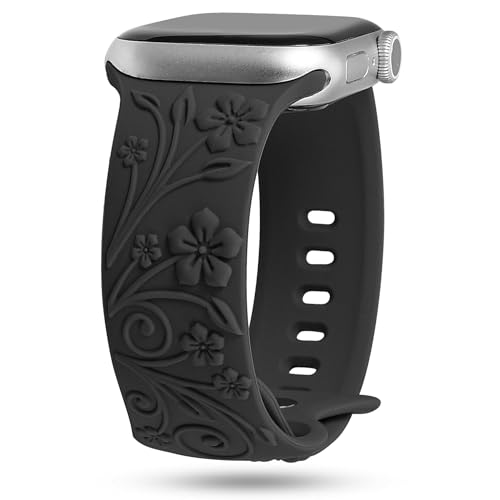 TOYOUTHS Floral Gravierte Armband Kompatibel mit Apple Watch Armband 41mm 40mm 38mm Damen, Frauen Clematis Blume Prägung Silikon Sport Armbänder für iWatch 9/8/7/SE/6/5/4/3/2/1, Schwarz von TOYOUTHS