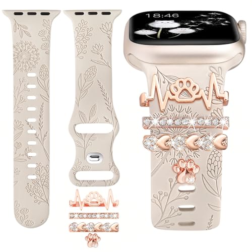 TOYOUTHS Floral Gravierte Armband mit Dekorative Charme kompatibel mit Apple Watch Armband 41mm 40mm 38mm, Damen Glitzer Stilvoll Bänder für iWatch Serie 9 8 7 SE 6 5 4 3 2 1 (mit Armband) von TOYOUTHS