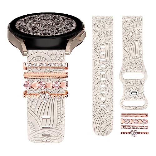 TOYOUTHS Floral Gravierte Armband mit Dekorative Charme kompatibel mit Samsung Galaxy Watch 7/6/5/4/Active 2 40mm 44mm, 20mm Frauen Boho Sport Silikon Armband für Watch 6 Classic/Watch FE, Beige/Love von TOYOUTHS