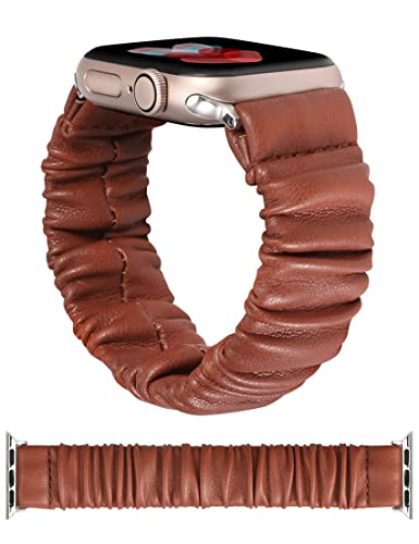 TOYOUTHS Leder Scrunchie Armband kompatibel mit Apple Watch Armband Damen, 41mm 40mm 38mm weich Cute Elastisches Solo Loop Stretchband für iwatch Series 9 8 7 SE 6 5 4 3 2 1, Braun XS von TOYOUTHS
