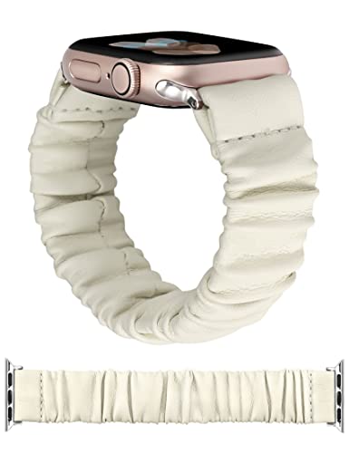 TOYOUTHS Leder Scrunchie Armband kompatibel mit Apple Watch Armband Damen, 41mm 40mm 38mm weich Cute Elastisches Solo Loop Stretchband für iwatch Series 9 8 7 SE 6 5 4 3 2 1, Weiß S von TOYOUTHS