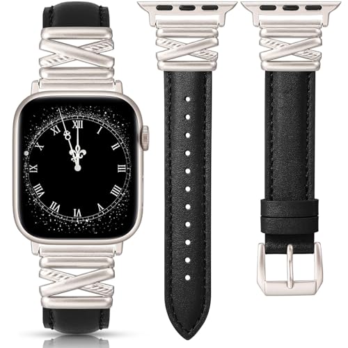 TOYOUTHS Lederarmband kompatibel mit Apple Watch Armband 38/40/41/42mm Damen, Schlank Luxus Dressy Leder Armbänder mit X-förmiger Schnalle für iWatch Serie 10 9 8 7 6 5 4 3 2 1 SE, Schwarz/Polarstern TOYOUTHS Lederarmband kompatibel mit Apple Watch Armband 38/40/41/42mm Damen, Schlank Luxus Dressy Leder Armbänder mit X-förmiger Schnalle für iWatch Serie 10 9 8 7 6 5 4 3 2 1 SE, Schwarz/Polarstern von TOYOUTHS
