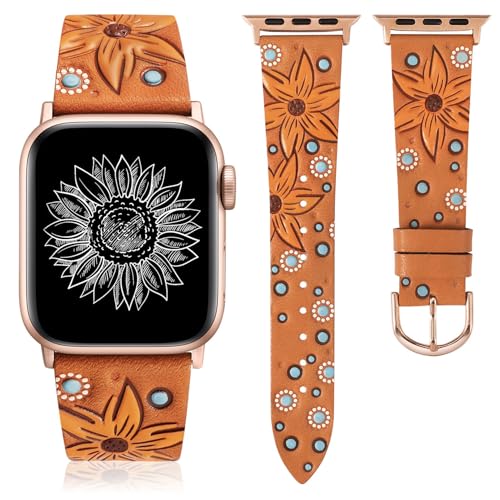 TOYOUTHS Lederarmband kompatibel mit Apple Watch Armband 41/40/38/42mm Damen, Boho Retro Prägung Sonnenblume Floral Leder Armbänder für iWatch Serie 10/9/8/7/6/5/4/3/2/1/SE, Braun/Orange Floral TOYOUTHS Lederarmband kompatibel mit Apple Watch Armband 41/40/38/42mm Damen, Boho Retro Prägung Sonnenblume Floral Leder Armbänder für iWatch Serie 10/9/8/7/6/5/4/3/2/1/SE, Braun/Orange Floral von TOYOUTHS
