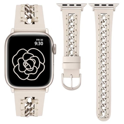 TOYOUTHS Lederarmbänder kompatibel mit Apple Watch Armband 41/40/38mm Damen, Elegant Dressy Leder Armbänder mit Ausgehöhltes Kettenarmband für iWatch 9/8/7/6/5/4/3/2/1/SE, Polarstern/Polarstern von TOYOUTHS