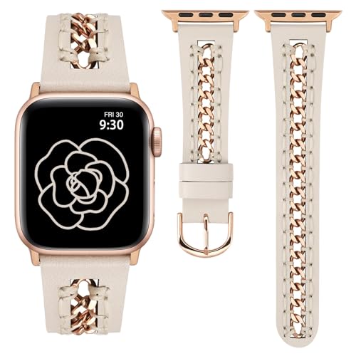 TOYOUTHS Lederarmband kompatibel mit Apple Watch Armband 41/40/38mm Damen, Elegant Dressy Leder Armbänder mit Ausgehöhltes Kettenarmband für iWatch 9/8/7/6/5/4/3/2/1/SE, Polarstern/Rose Gold von TOYOUTHS