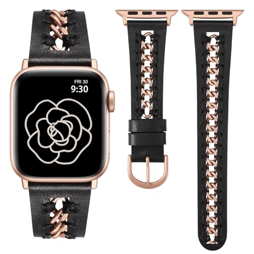 TOYOUTHS Lederarmband kompatibel mit Apple Watch Armband 41/40/38mm Damen, Elegant Dressy Leder Armbänder mit Ausgehöhltes Kettenarmband für iWatch 9/8/7/6/5/4/3/2/1/SE, Schwarz/Rose Pink von TOYOUTHS