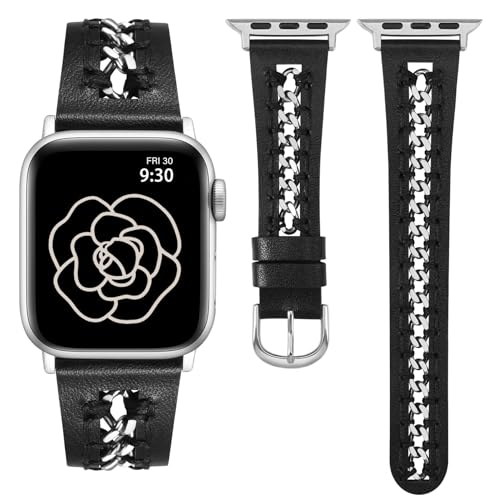 TOYOUTHS Lederarmband kompatibel mit Apple Watch Armband 41/40/38mm Damen, Elegant Dressy Leder Armbänder mit Ausgehöhltes Kettenarmband für iWatch 9/8/7/6/5/4/3/2/1/SE, Schwarz/Silber von TOYOUTHS