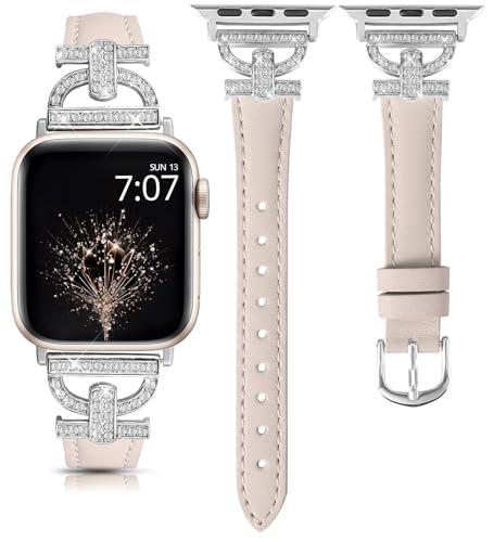 TOYOUTHS Lederarmband kompatibel mit Apple Watch Armband 41/40/38mm Damen Elegant Schlank Armbänder mit D-förmige Schnalle Glitzer Luxus Armband für iWatch 9 8 7 SE 6 5 4 3 2 1, Polarstern/Silber von TOYOUTHS