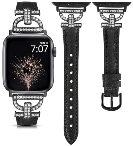 TOYOUTHS Lederarmband kompatibel mit Apple Watch Armband 41/40/38mm Damen Elegant Schlank Armbänder mit D-förmige Schnalle Glitzer Luxus Armband für iWatch 9 8 7 SE 6 5 4 3 2 1, Schwarz/Schwarz von TOYOUTHS