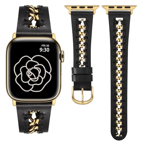 TOYOUTHS Lederarmband kompatibel mit Apple Watch Armband 44/45/42/49mm Damen, Elegant Dressy Leder Armbänder mit Ausgehöhltes Kettenarmband für iWatch Ultra 2/9/8/7/6/5/4/3/SE, Schwarz/Gold von TOYOUTHS