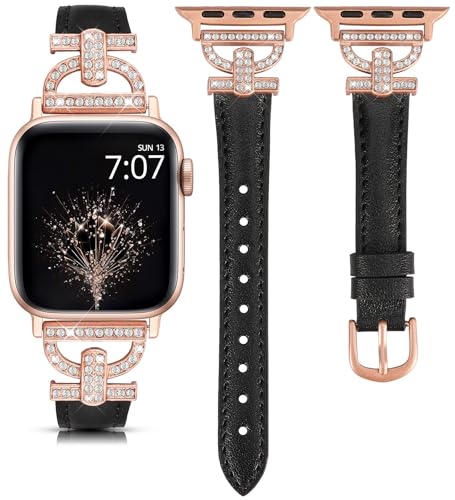 TOYOUTHS Lederarmband kompatibel mit Apple Watch Armband 44/45/42/49mm Ultra 2 Damen Schlank Armbänder mit D-förmige Schnalle Glitzer Luxus Armband für iWatch 9 8 7 SE 6 5 4 3, Schwarz/Rose Pink von TOYOUTHS