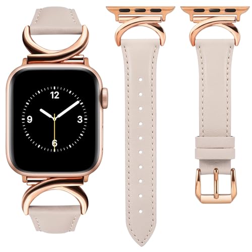 TOYOUTHS Lederarmband kompatibel mit Apple Watch Armband 44mm 45mm 42mm 49mm Damen, Schlank Elegant Armbänder mit C-förmiger Schnalle für iWatch Ultra 2/9/8/7/6/5/4/3/2/1/SE, Polarstern/Rose Gold von TOYOUTHS