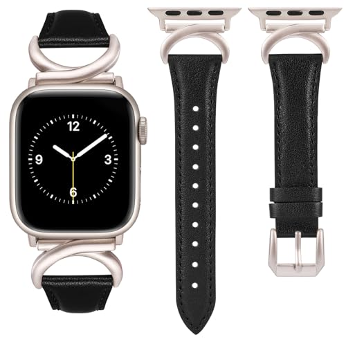 TOYOUTHS Lederarmband kompatibel mit Apple Watch Armband 44mm 45mm 42mm 49mm Damen, Schlank Elegant Armbänder mit C-förmiger Schnalle für iWatch Ultra 2/9/8/7/6/5/4/3/2/1/SE, Schwarz/Polarstern von TOYOUTHS