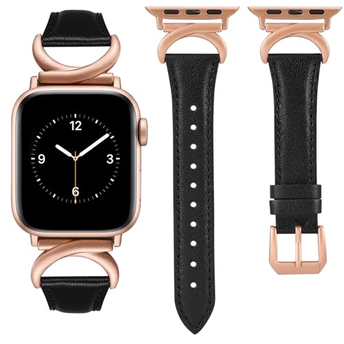 TOYOUTHS Lederarmband kompatibel mit Apple Watch Armband 44mm 45mm 42mm 49mm Damen, Schlank Elegant Armbänder mit C-förmiger Schnalle für iWatch Ultra 2/9/8/7/6/5/4/3/2/1/SE, Schwarz/Rose Pink von TOYOUTHS