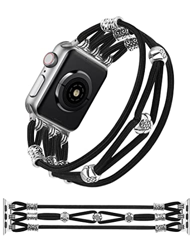 TOYOUTHS Perlen Armband kompatibel mit Apple Watch 38mm 40mm 41mm, Damen geflochten Nylon elastisch Boho niedlich stilvoll Ersatzarmband für iWatch Serie 9/8/7/SE/6/5/4/3/2/1, Schwarz, L von TOYOUTHS