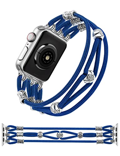 TOYOUTHS Perlen Armband kompatibel mit Apple Watch 42mm 44mm 45mm 49mm, geflochten Nylon elastisch Boho niedlich Ersatzarmband für iWatch Serie Ultra 2/Ultra/9/8/7/SE/6/5/4/3/2/1, Blau, XS von TOYOUTHS