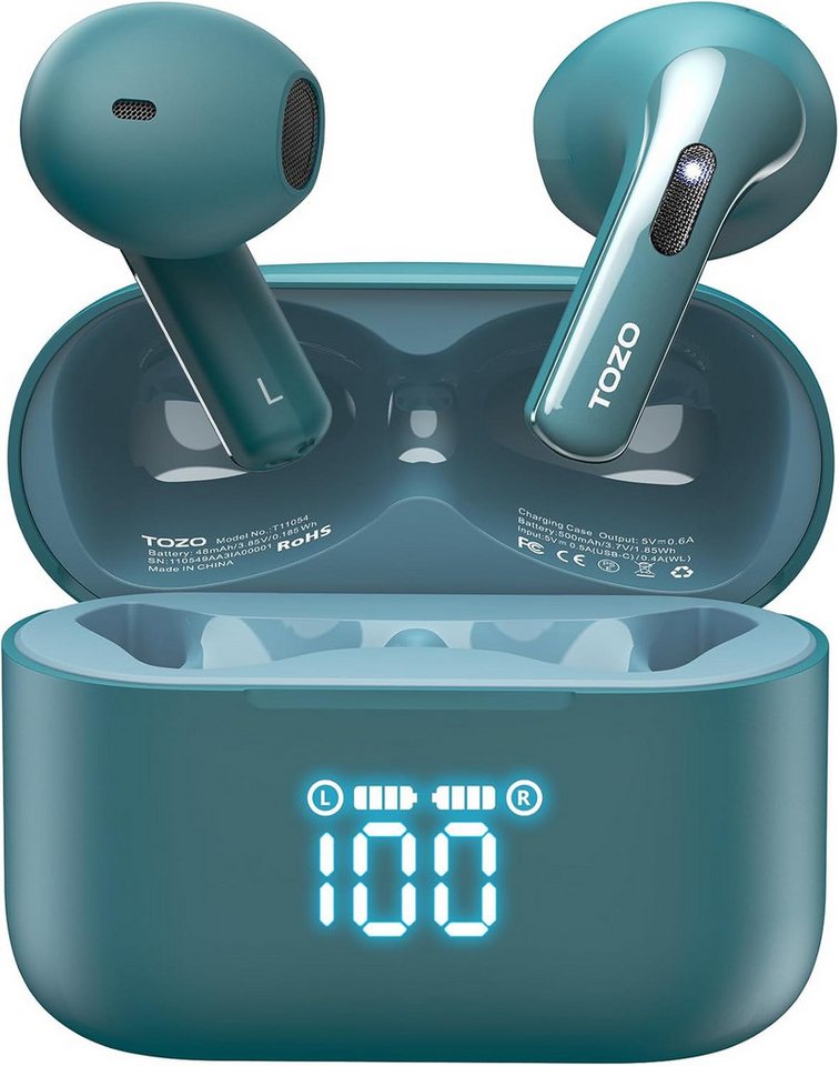 TOZO Dual-Mikrofon Noise Cancelling mit LED-Digitalanzeige,44 Std Spielzeit In-Ear-Kopfhörer (Passen Sie Ihr Audio mit 16 Equalizer-Modi, weißem Rauschen und personalisierten Klangeinstellungen in der App an und nutzen Sie OTA-Updates sowie Gestensteuerung., Bluetooth, Klangeinstellungen Stereo Sound,IPX8 Wasserdicht für Sport und Alltag) von TOZO
