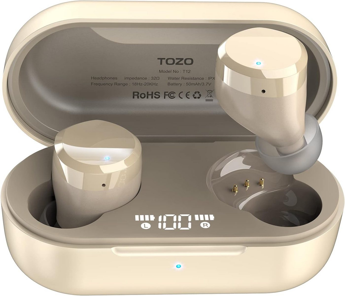 TOZO LED-Digitalanzeige und IPX8 Wasserdichten In-Ear-Kopfhörer (Automatisches Koppeln von zwei Headsets beim Entnehmen aus der Ladehülle dank Bluetooth 5.3-Technologie für unkomplizierten Stereo-Sound., Haltbarkeit und exzellenter Pairing,Touch-Steuerung,Lange Akkulaufzeit) von TOZO