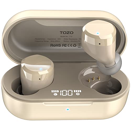 TOZO T12 Kabellose Ohrhörer Bluetooth Kopfhörer mit Premium-Klangqualität, LED-Digitalanzeige und IPX8 Wasserdichten Kopfhörer Kabellos, Integriertem Mikrofon in Champagner von TOZO