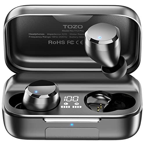 TOZO T12 Pro Bluetooth Kopfhörer Kabellos, Qualcomm QCC3040 aptX Stereo 4 Mikrofonen, CVC 8.0 Anrufgeräuschunterdrückung, 170 Std Spielzeit, IPX8 wasserdicht in Ear Ohrhörer Schwarz von TOZO