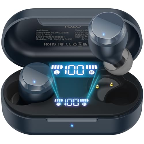 TOZO T12 Wireless Earbuds Bluetooth 5.3 Kopfhörer Built-in ENC Noise Cancelling Mic, 55H Spielzeit LED Digital Display mit Wireless Charging Case, App Control Immersive Premium Sound Blau von TOZO