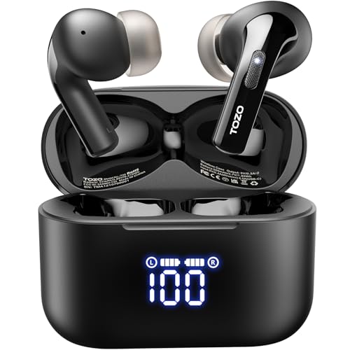 TOZO T20 Bluetooth Kopfhörer kabellos 48,5 Stdn Spielzeit mit LED-Digitalanzeige, IPX8 wasserdicht In Ear Kopfhörer, Dual Mic Call Noise Cancelling 10mm Breitbandlautsprecher für Sport Arbeit, Schwarz von TOZO