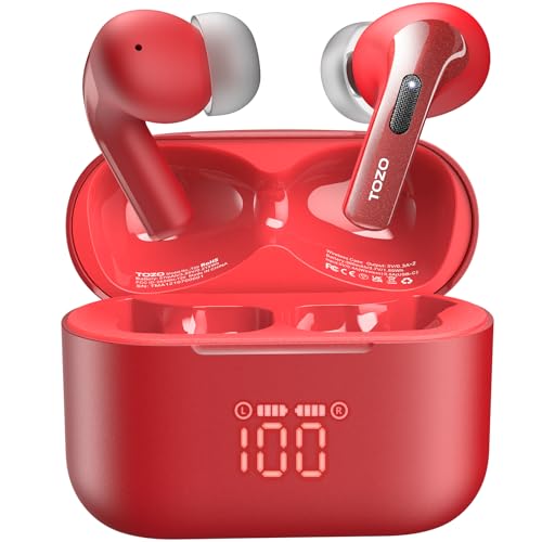 TOZO T20 Bluetooth Kopfhörer kabellos 48,5 Stdn. Spielzeit mit LED-Digitalanzeige, IPX8 wasserdicht In Ear Kopfhörer, Dual Mic Call Noise Cancelling 10mm Breitbandlautsprecher für Sport Arbeit, Rot von TOZO