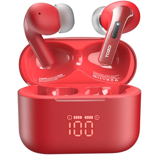 TOZO T20 Kopfhörer Kabellos Bluetooth 5.3 Bluetooth Kopfhörer IPX8 Wasserdicht In Ear Ohrhörer mit LED-Anzeige, APP Steuerung, 48.5 Std Akkulaufzeit, Dual-Mic Noise Cancelling Kopfhörer - Rot von TOZO