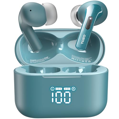 TOZO T20 Bluetooth Kopfhörer kabellos 48,5 Stdn. Spielzeit mit LED-Digitalanzeige, IPX8 wasserdicht In Ear Kopfhörer, Dual Mic Call Noise Cancelling 10mm Breitbandlautsprecher für Sport Arbeit, Grün von TOZO