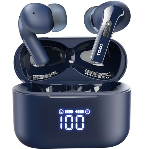 TOZO T20 Bluetooth Kopfhörer kabellos 48,5 Stdn. Spielzeit mit LED-Digitalanzeige, IPX8 wasserdicht In Ear Kopfhörer, Dual Mic Call Noise Cancelling 10mm Breitbandlautsprecher für Sport Arbeit, Blau von TOZO