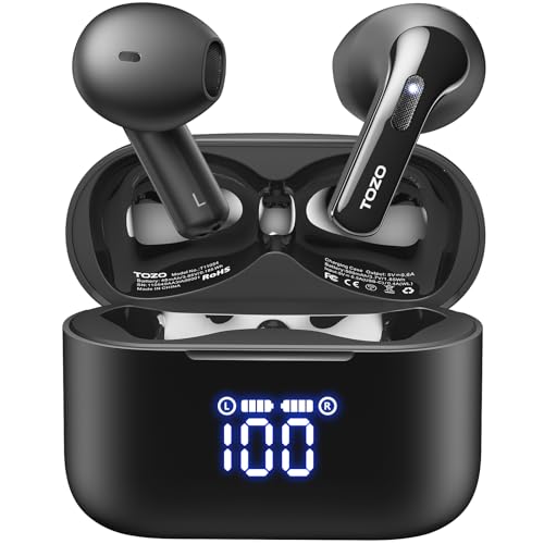 TOZO T21 Wireless Earbuds, 5.3 Bluetooth Kopfhörer, Sem in Ear mit Dual Mic Noise Cancelling, IPX8 Waterproof, 44H Playback Stereo Sound mit Power Display Wireless Charging Case Black von TOZO