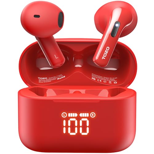 TOZO T21 Wireless Earbuds, 5.3 Bluetooth Kopfhörer, Sem in Ear mit Dual Mic Noise Cancelling, IPX8 Wasserdicht, 44H Playback Stereo Sound mit Power Display Wireless Charging Case Rot von TOZO