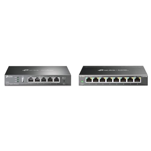 TP-LINK ER605 5 Port Dual/Multiple WAN VPN Router, schwarz & TL-SG108E Managed Switch 8 Port Gigabit Ethernet LAN Switch(Plug-and-Play Netzwerk Switch,Metallgehäuse, QoS, IGMP-Snooping) schwarz von TP-Link