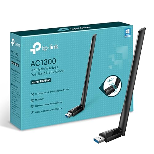 TP-Link Archer T3U Plus AC1300 High Gain USB WLAN Stick Adapter mit Antennen(bis zu 867 Mbit/s 5GHz, 400 Mbit/s 2,4GHz, Kompatibel mit Windows 11/10/8.1/8/7, Mac OS 10.15 und früher） von TP-Link