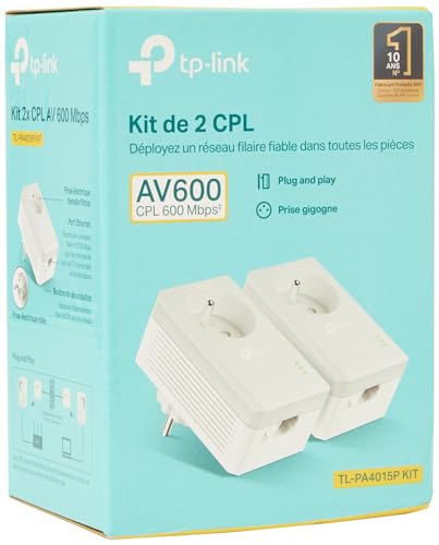 TP-Link CPL AV600 (600-Mbit/s-Debit), 1 Port Fast Ethernet, integrierte französische Version von Prise, 2er-Packung CPL (TL-PA4015P KIT) weiß von TP-Link