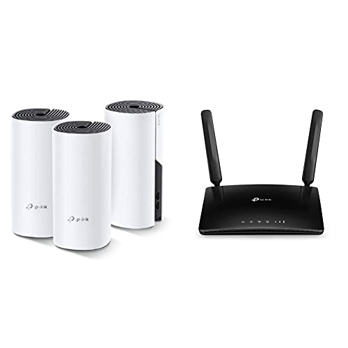 TP-Link Deco M4 Mesh WLAN Set (3er Pack), AC1200 Dual Band Router & Repeater (Reichweite bis zu 370m², 6X Gigabit Ports) weiß & TL-MR6400 WLAN Cat4 + N300 Mbps 4G LTE Router, schwarz, Version 5 von TP-Link