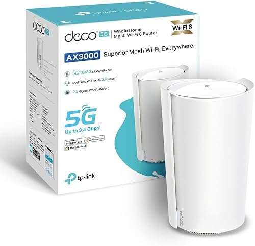 TP-Link Deco X3000-5G Router mit SIM, 5G Mesh WiFi 6, AX3000Mbps Dual Band, ultraschnelles Modem mit Geschwindigkeiten von bis zu 3,4 Gbit/s, WAN/LAN-Anschluss mit 2,5 Gbit/s, Alexa, Plug&Play von TP-Link