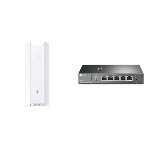 TP-Link EAP610-Outdoor AX1800 Gigabit Dualband WiFi 6 WLAN Access Point weiß & ER605 5 Port Dual/Multiple WAN VPN Router(bis zu 4 Gigabit WAN Ports, hochsicheres VPN) schwarz, ideal für Büronetzwerk von TP-Link