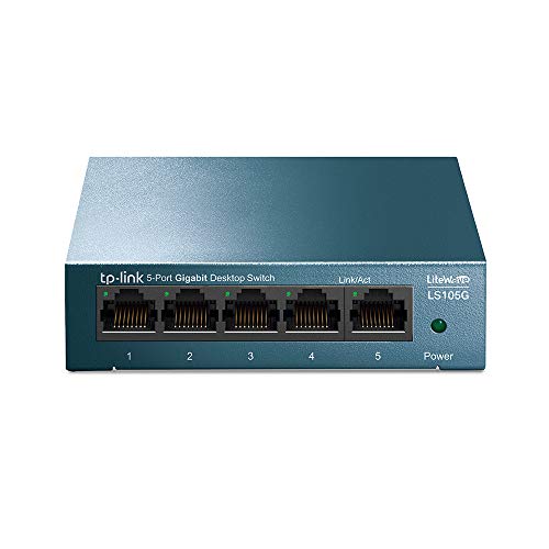 TP-Link LS105G 5-Ports Gigabit Netzwerk Switch (5 RJ-45 Lan Ports, robustes Metallgehäuse, 802.1P/DSCP QoS, Plug-and-Play, lüfterlos) blau metallic von TP-Link