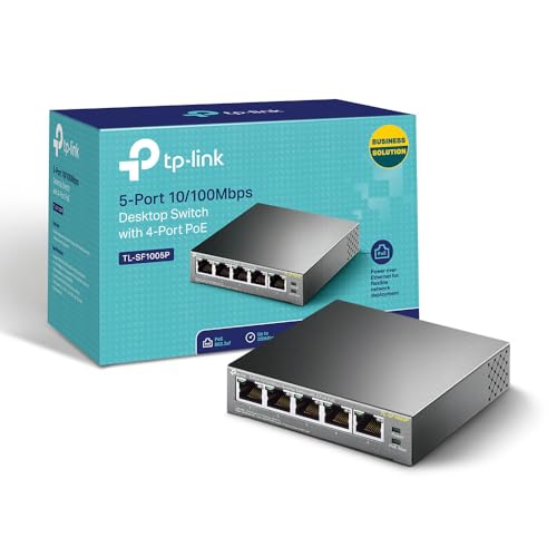 TP-Link PoE Switch 5-Port 100 Mbps, 4 PoE+ ports up to 30 W for each PoE port and 67 W for all PoE ports, Metal Casing, Plug and Play, Ideal for IP Surveillance and Access Point (TL-SF1005P) von TP-Link