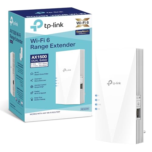 TP-Link RE500X WiFi 6 WLAN Verstärker Repeater AX1500(Dualband 1200MBit/s 5GHz + 300MBit/s 2,4GHz, Tri-Core 1,5 GHz CPU, Gigabit Port, maximale Abdeckung, kompatibel zu allen WLAN Routern)weiß von TP-Link