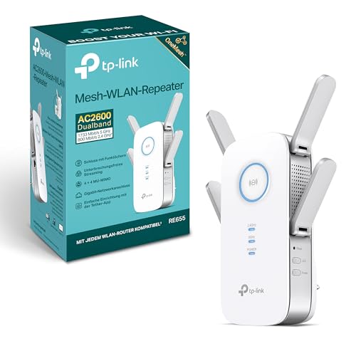 TP-Link RE655 WLAN Verstärker Repeater AC2600 (Dual-WLAN AC + N, 1733 MBit/s 5GHz + 800MBit/s 2,4GHz, Gigabit-LAN-Port, App Steuerung, maximale Abdeckung, kompatibel zu allen WLAN Geräten) von TP-Link