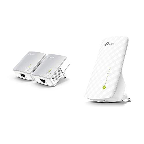 TP-Link TL-PA4010 KIT Powerline Adapter (600Mbit/s Powerline, 1x10/100Mbit/s-Ethernet-Port) weiß & RE200 WLAN Repeater (750 Mbit/s, Dual WLAN AC+N, WLAN Verstärker, LAN Port) weiß von TP-Link