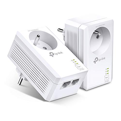 TP-Link CPL 1000 Mbps mit 2 Gigabit-Ports und integrierter Steckdose, CPL-Gehäuse, 2er-Set – ideal für den Genuss von Multi-TV-Service zu Hause, kompatibel mit Allen Boxen, TL-PA7027P KIT (FR) von TP-Link