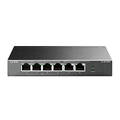 TP-Link TL-SF1006P 6-Port Fast Ethernet PoE Switch mit 4 PoE+ Ports (67 Watt, geschirmte RJ-45 Ports, 250m Übertragungsabdeckung im Extendmodus, Plug-and-Play Installation, lüfterlos) Schwarz von TP-Link