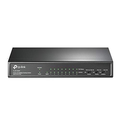 TP-Link TL-SF1009P 9-Port Fast Ethernet PoE Switch mit 8 PoE+ Ports(65 Watt, geschirmte RJ-45 Ports, 250m Übertragungsabdeckung im Extendmodus, Plug-and-Play Installation, lüfterlos) Schwarz von TP-Link