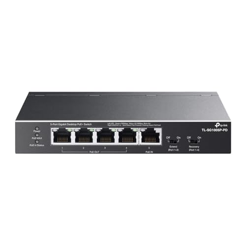TP-Link TL-SG1005P-PD | 5-Port-PoE-Passthrough Gigabit-Ethernet-Switch | 1 PoE++ in @ 90 W, 4 PoE+ Ausgang bis zu 66 W | Plug & Play | Erweiterungsmodus | QoS, IGMP, PoE Auto Recovery | nur PoE TP-Link TL-SG1005P-PD | 5-Port-PoE-Passthrough Gigabit-Ethernet-Switch | 1 PoE++ in @ 90 W, 4 PoE+ Ausgang bis zu 66 W | Plug & Play | Erweiterungsmodus | QoS, IGMP, PoE Auto Recovery | nur PoE von TP-Link